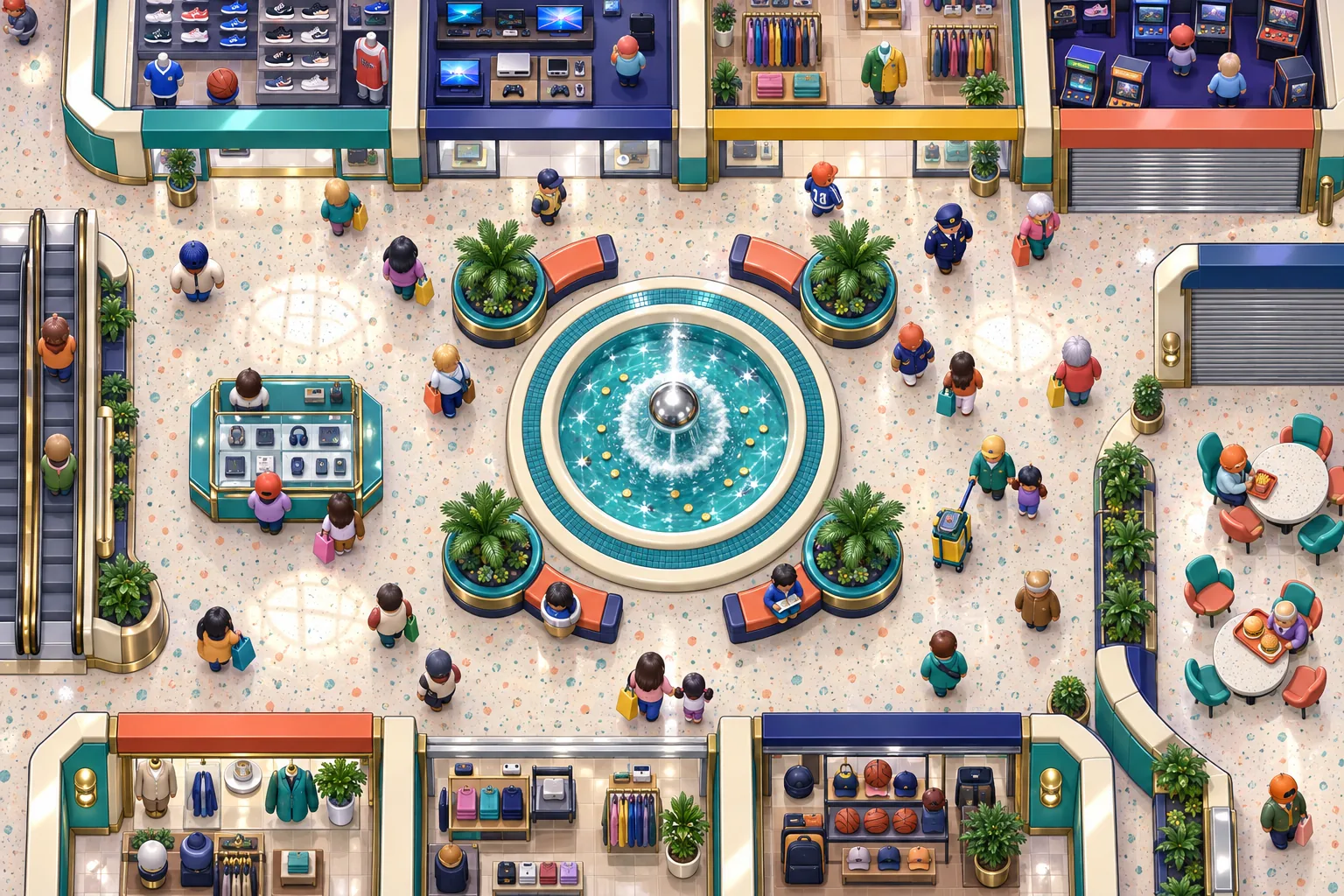 Concept art: a busy mall court with a fountain, palm planters, an escalator and shoppers between the stores