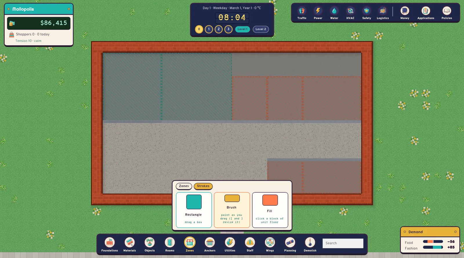 Painting store zones onto an empty floor with the rectangle, brush and fill tools