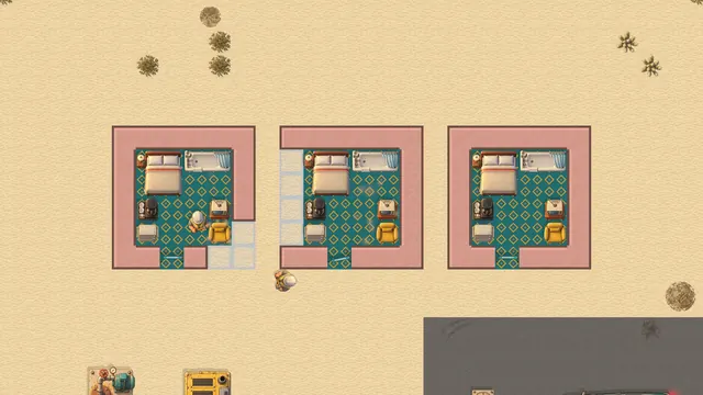 Three motel rooms with beds and chairs, one still being furnished