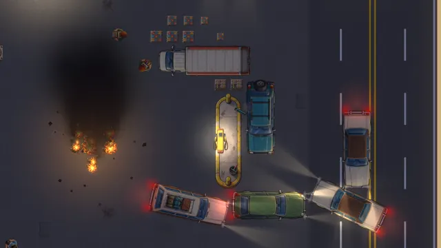 Fire and black smoke on the lot at night after a fuel explosion, cars stuck at the pumps