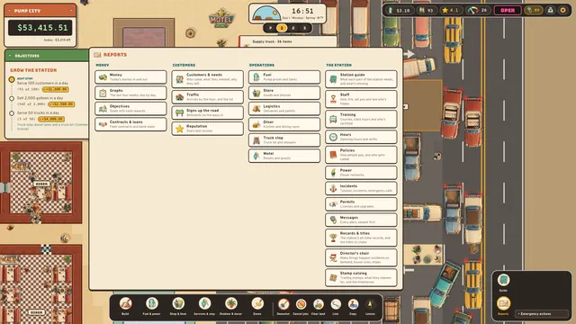 The reports menu: money, customers, operations and the station